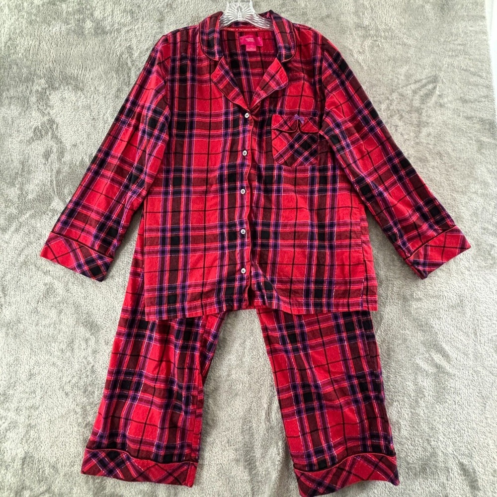 Victorias Secret Flannel Pajama Set 2 Piece Womens L Button Top Bottom Red Plaid